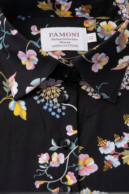 Floral-patterned shirt with a visible brand label on a white background