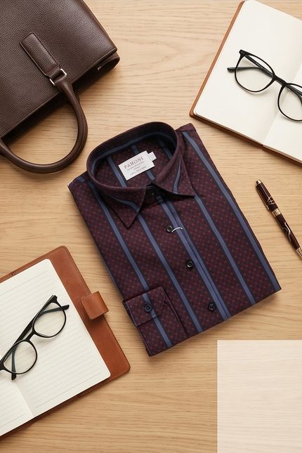 Shirt with striped pattern on a wooden surface with glasses, pen, and notebook.