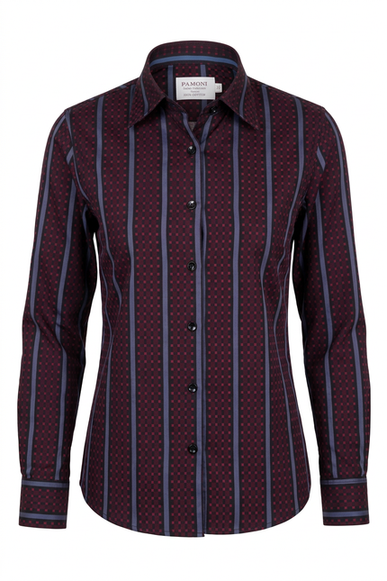 Maroon and navy striped shirt with a pattern on a white background
