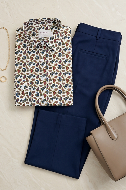Leopard print shirt, navy pants, beige handbag, and gold necklace on a beige background