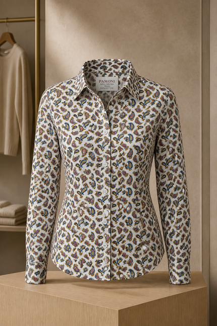 Leopard print shirt on a wooden stand with a neutral background