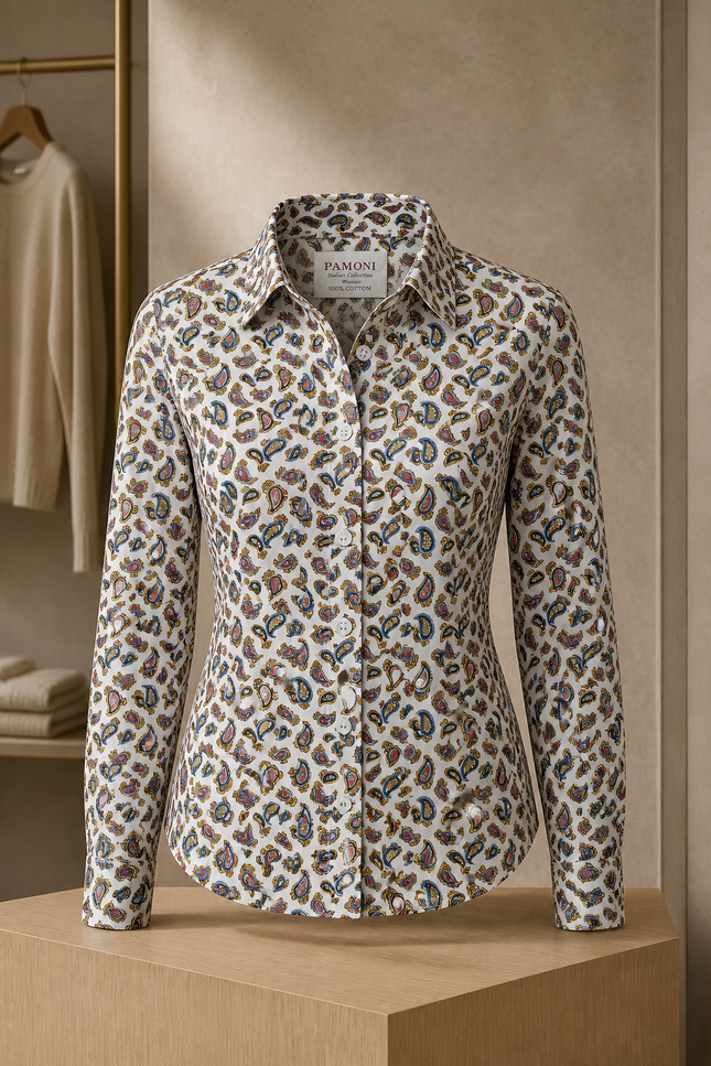 Leopard print shirt on a wooden stand with a neutral background