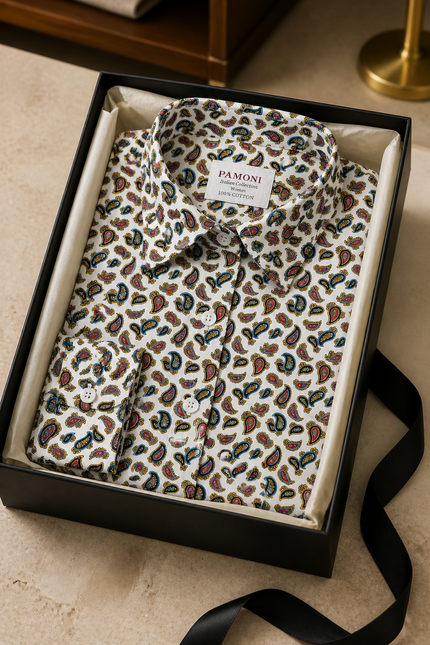 Patterned shirt in a black box with 'Pamoni' label on a beige surface