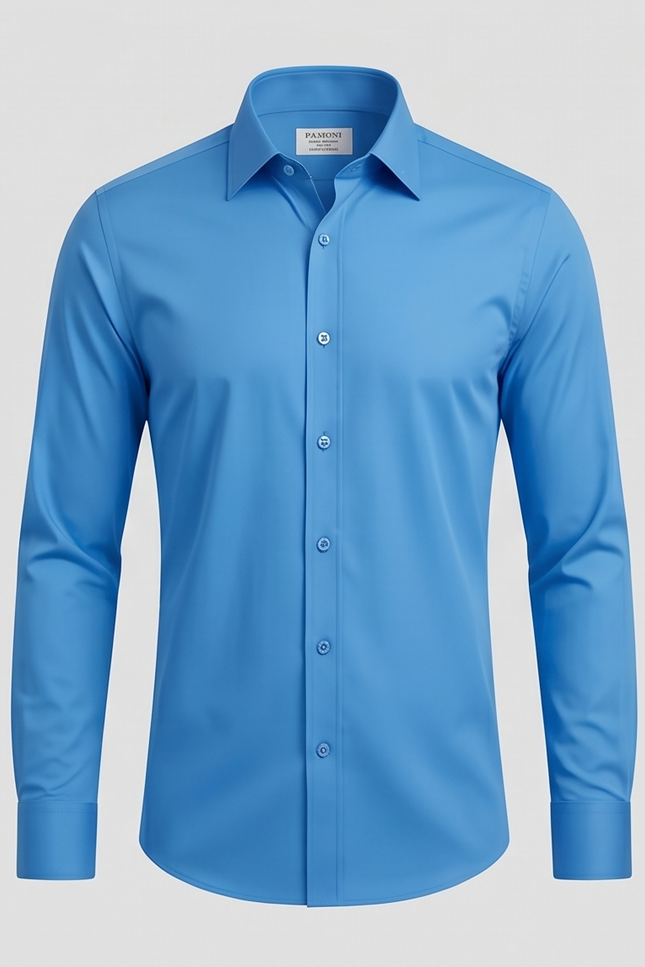 Blue dress shirt on a light gray background