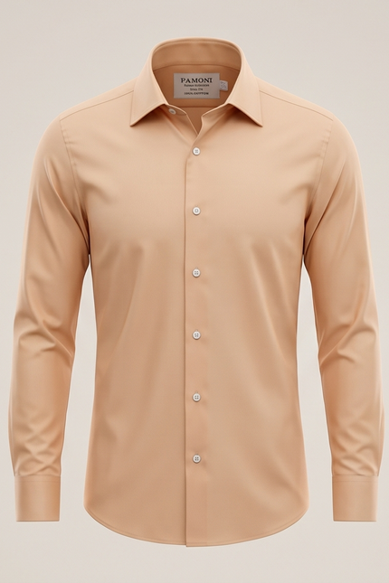 Beige dress shirt on a light beige background with 'Pamono' label.