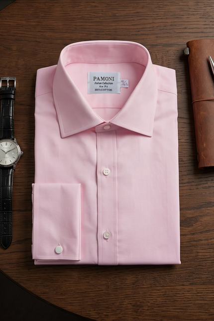 Pink dress shirt with a watch and leather notebook on a wooden surface