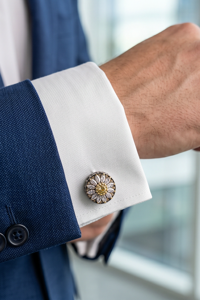 Close-up of a person wearing a navy blue suit with a white shirt and decorative cufflink.