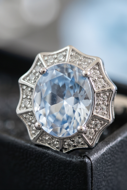 Ring with a large blue gemstone and diamond-studded halo on a black surface.