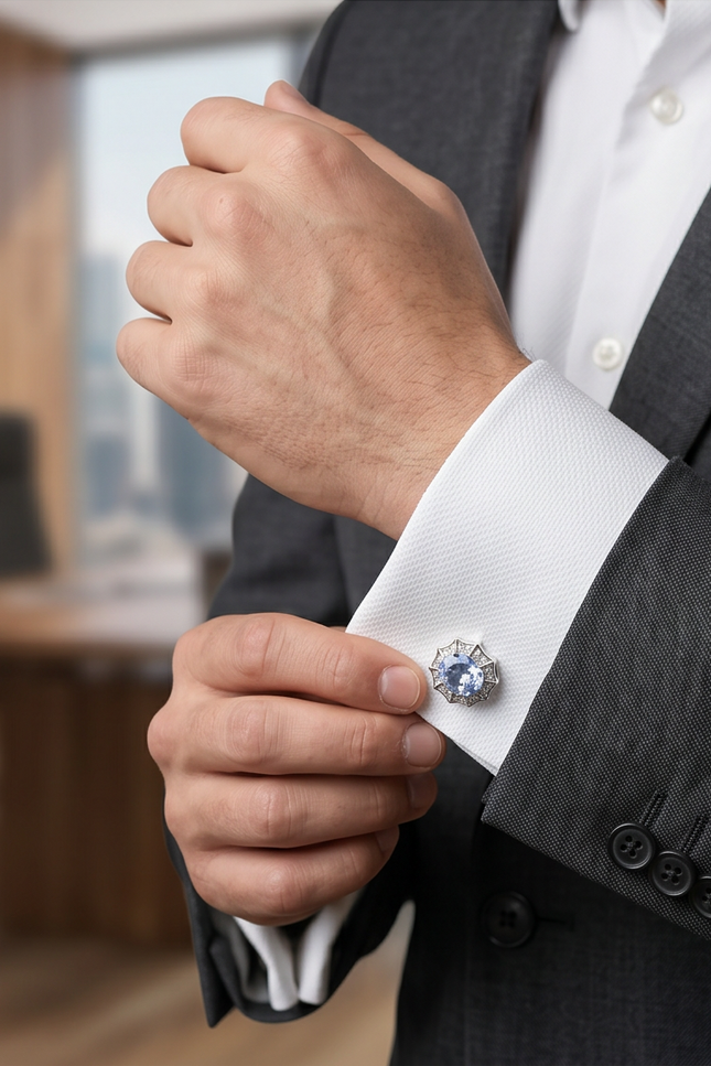 Person adjusting a cufflink on a suit with a blurred office background