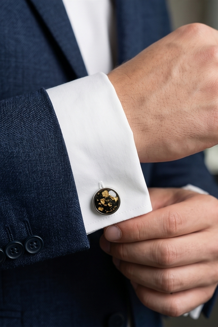 Close-up of a person adjusting a cufflink on a navy suit with a blurred background