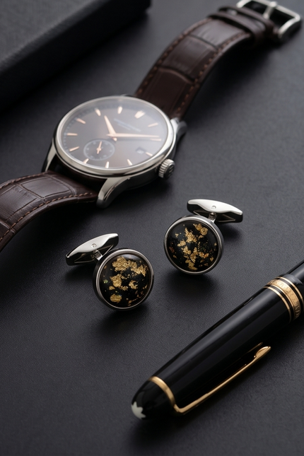 Watch, cufflinks, and pen on a dark surface