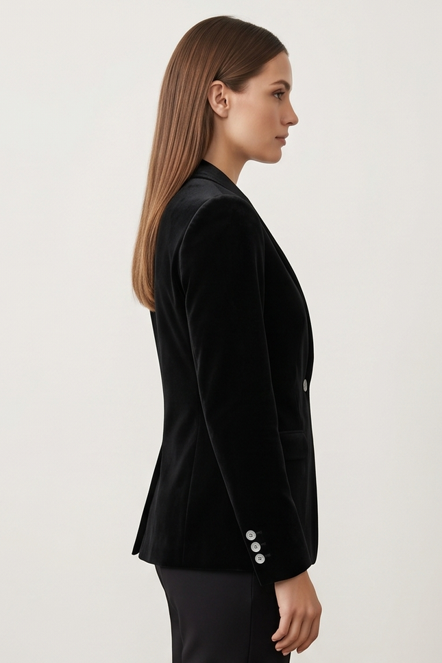 Woman wearing a black blazer with white buttons on a plain background