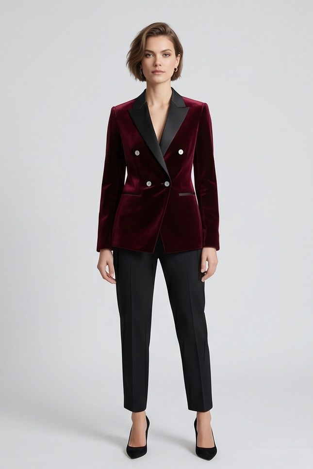 Woman wearing a burgundy velvet blazer with black lapels and matching pants on a light gray background