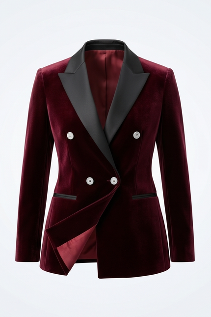 Maroon blazer with black lapels on a light gray background