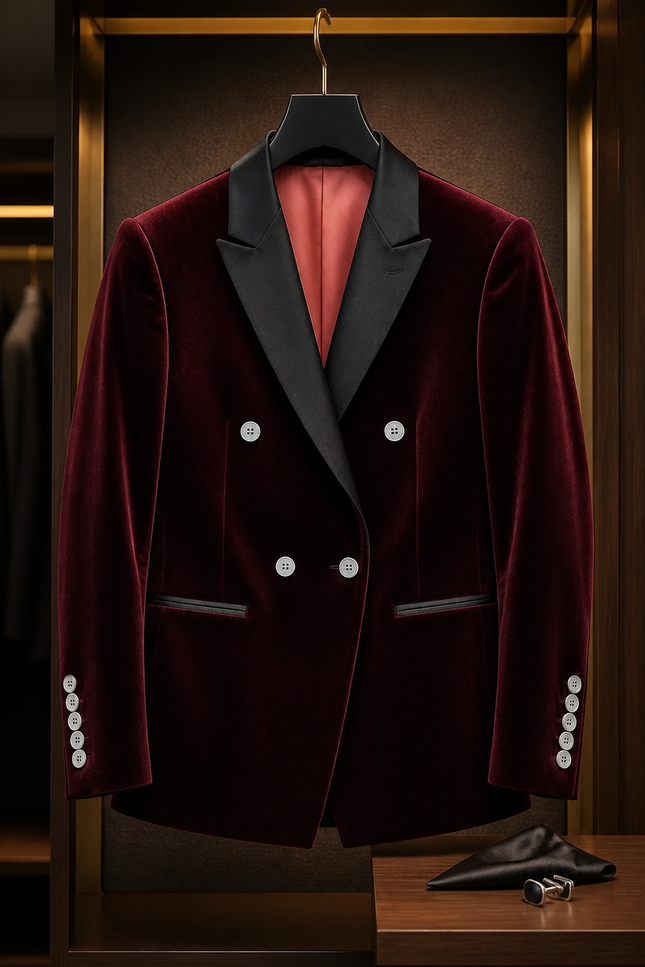 Maroon velvet coat with black lapels on a hanger against a dark background