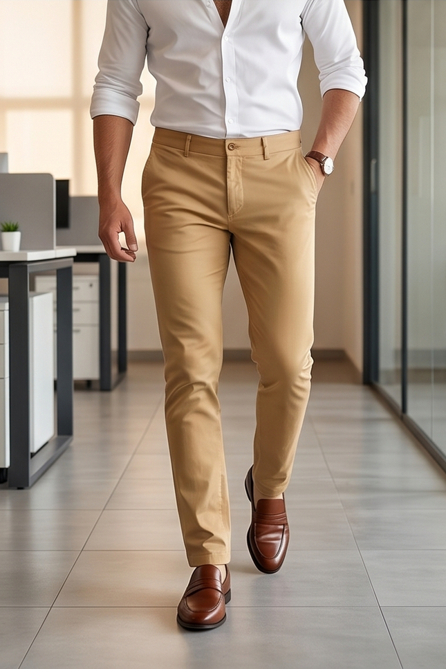 Person wearing a white shirt and beige pants in an office setting