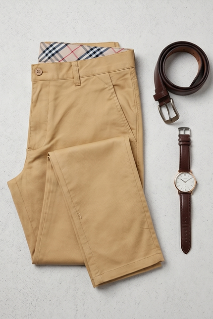 Tan pants with a plaid pocket square, brown belt, and watch on a light gray background
