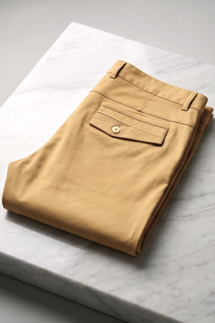 Folded beige pants on a marble surface