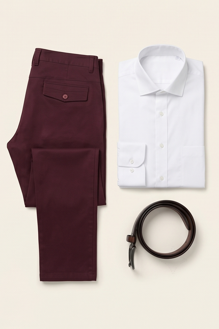 Maroon pants, white shirt, and brown belt arranged on a beige background