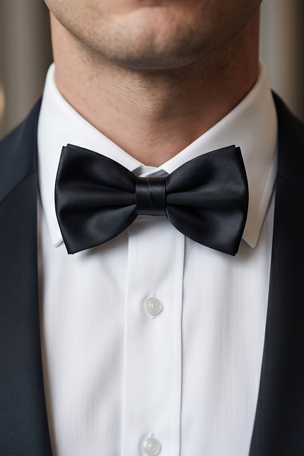 Black bow tie worn with a white shirt and black suit jacket.