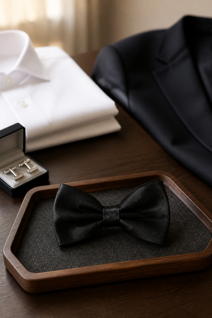 Black bow tie on a wooden tray with white shirt, black jacket, and cufflinks in the background.