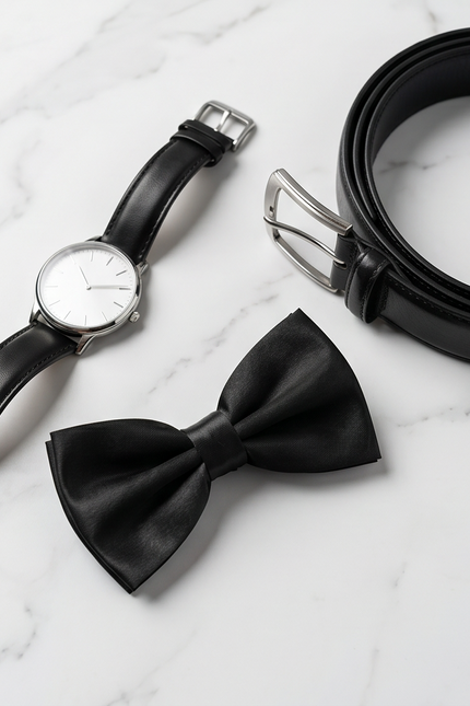 Black leather watch, belt, and bow tie on a white marble surface