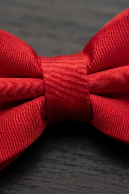 Close-up of a red bow tie on a dark textured background