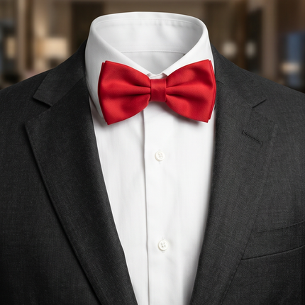Black suit jacket with a white shirt and red bow tie against a blurred indoor background