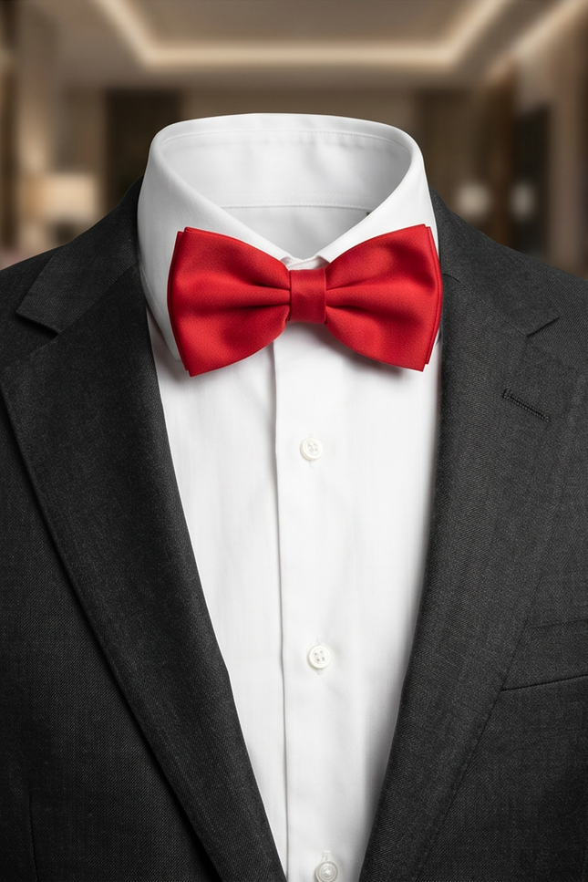 Black suit jacket with a white shirt and red bow tie against a blurred indoor background