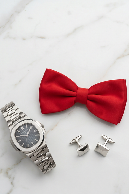Red bow tie with silver watch and cufflinks on a marble surface