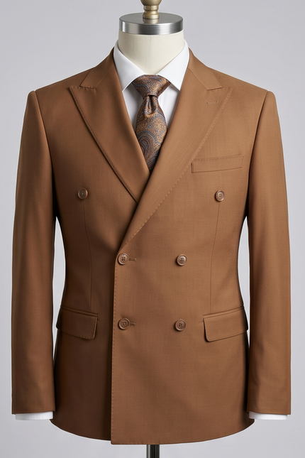 Brown double-breasted suit jacket on a mannequin with a white shirt and patterned tie.