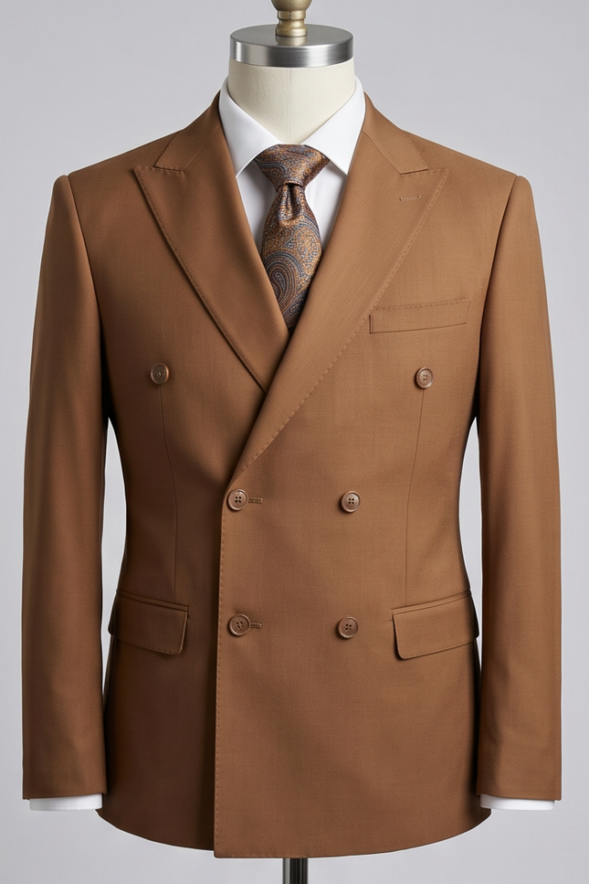 Brown double-breasted suit jacket on a mannequin with a white shirt and patterned tie.