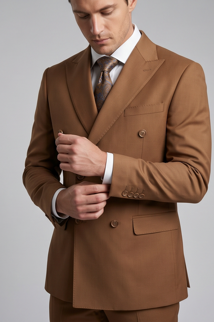 Man wearing a brown suit with a white shirt and patterned tie on a gray background
