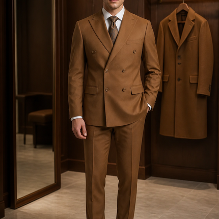 Man wearing a brown suit standing in a room with a coat on a rack.