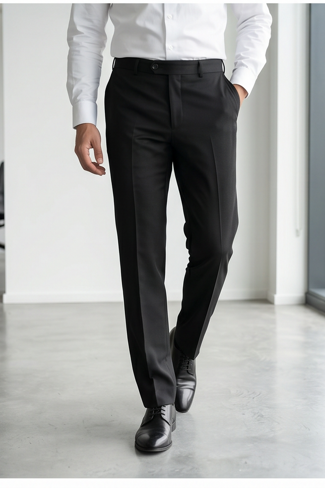 Person wearing a white dress shirt and black pants in an office setting