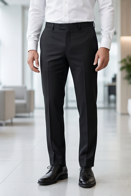 Person wearing black dress pants and a white shirt in an indoor setting.