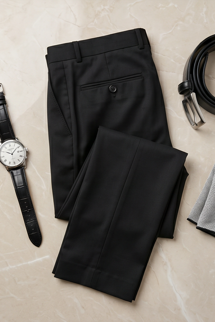Black dress pants with a watch, belt, and pocket square on a beige surface