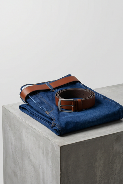 Folded blue jeans with a brown belt on a concrete surface