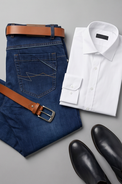 Blue jeans, white shirt, brown belt, and black shoes on a gray background