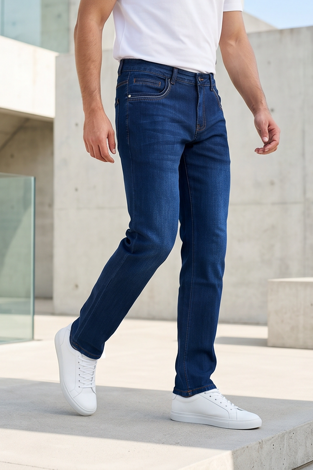 Person wearing blue jeans and white sneakers in an urban setting