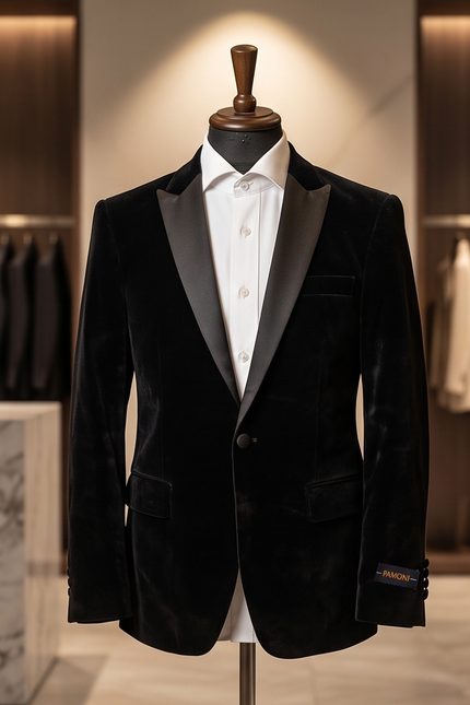 Black velvet tuxedo jacket on a mannequin in a clothing store setting