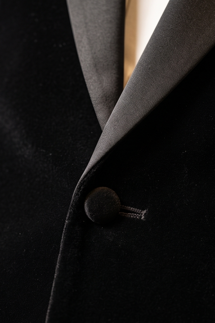 Close-up of a black coat with a button on a dark background