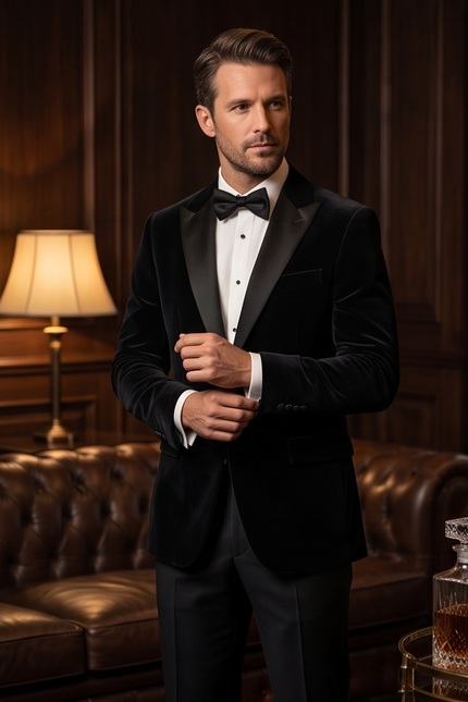 Man in a black tuxedo standing in an elegant room with a lamp and leather sofa.