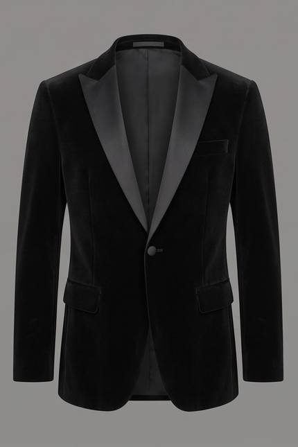 Black velvet tuxedo jacket on a gray background