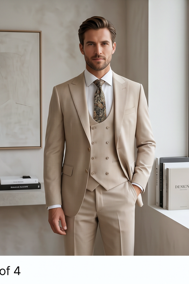 A man wearing a light beige three-piece suit with a white dress shirt and a patterned tie, standing in a modern, minimalist room with a window and framed art.