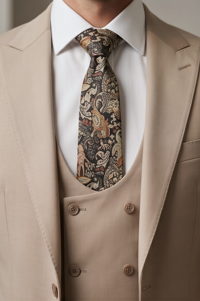 A men's necktie with an intricate paisley pattern in beige, brown, and black, styled on a model wearing a white dress shirt, beige vest, and matching beige suit jacket.