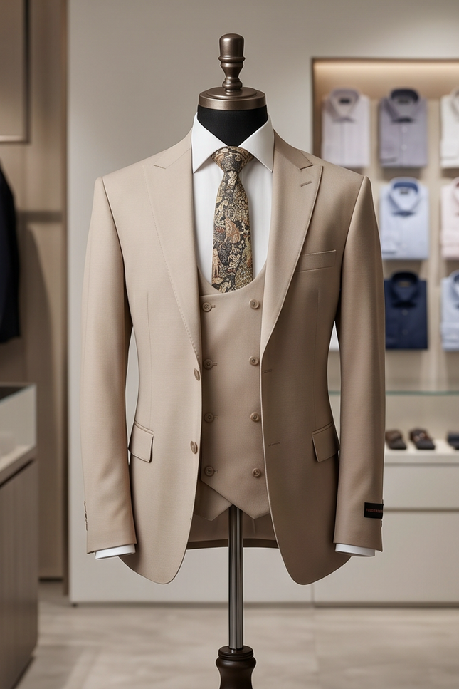 A beige three-piece suit displayed on a mannequin torso, styled with a white dress shirt and a patterned tie inside a modern clothing boutique.