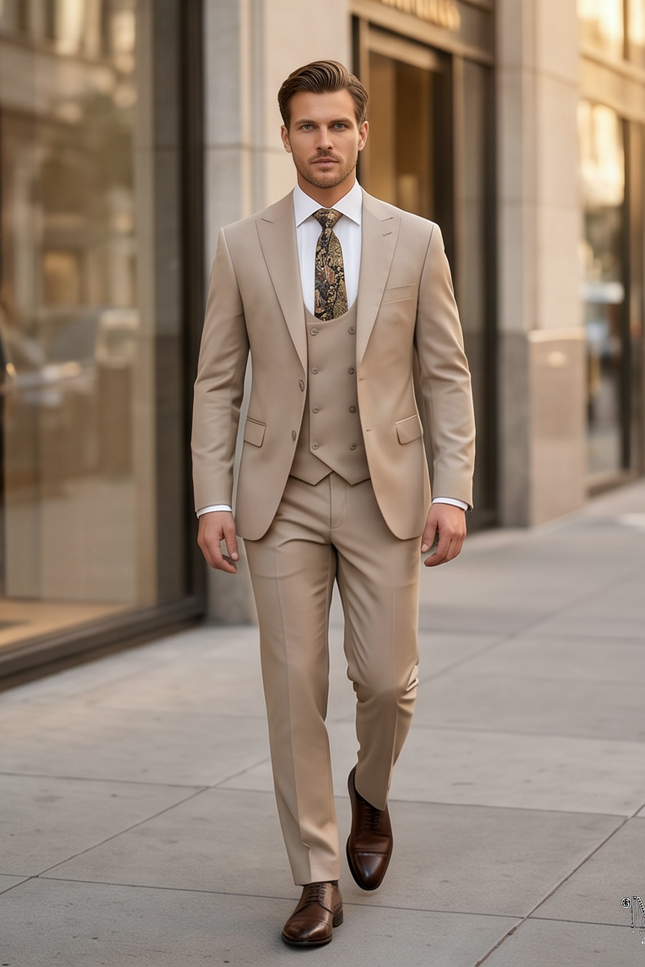 A man walking on a city sidewalk wearing a light beige three-piece suit with a white dress shirt, a patterned brown and beige tie, and dark brown dress shoes.