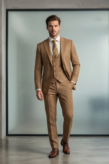 The Executive Slim-Fit Three-Piece Suit – Camel Wool Blend