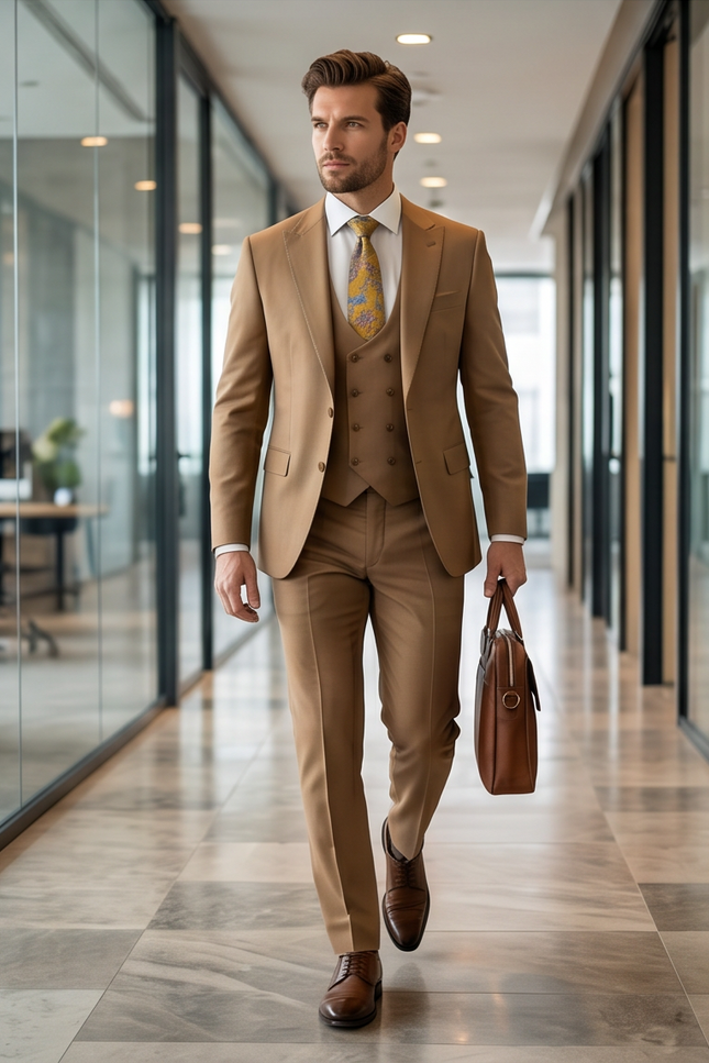 The Executive Slim-Fit Three-Piece Suit – Camel Wool Blend